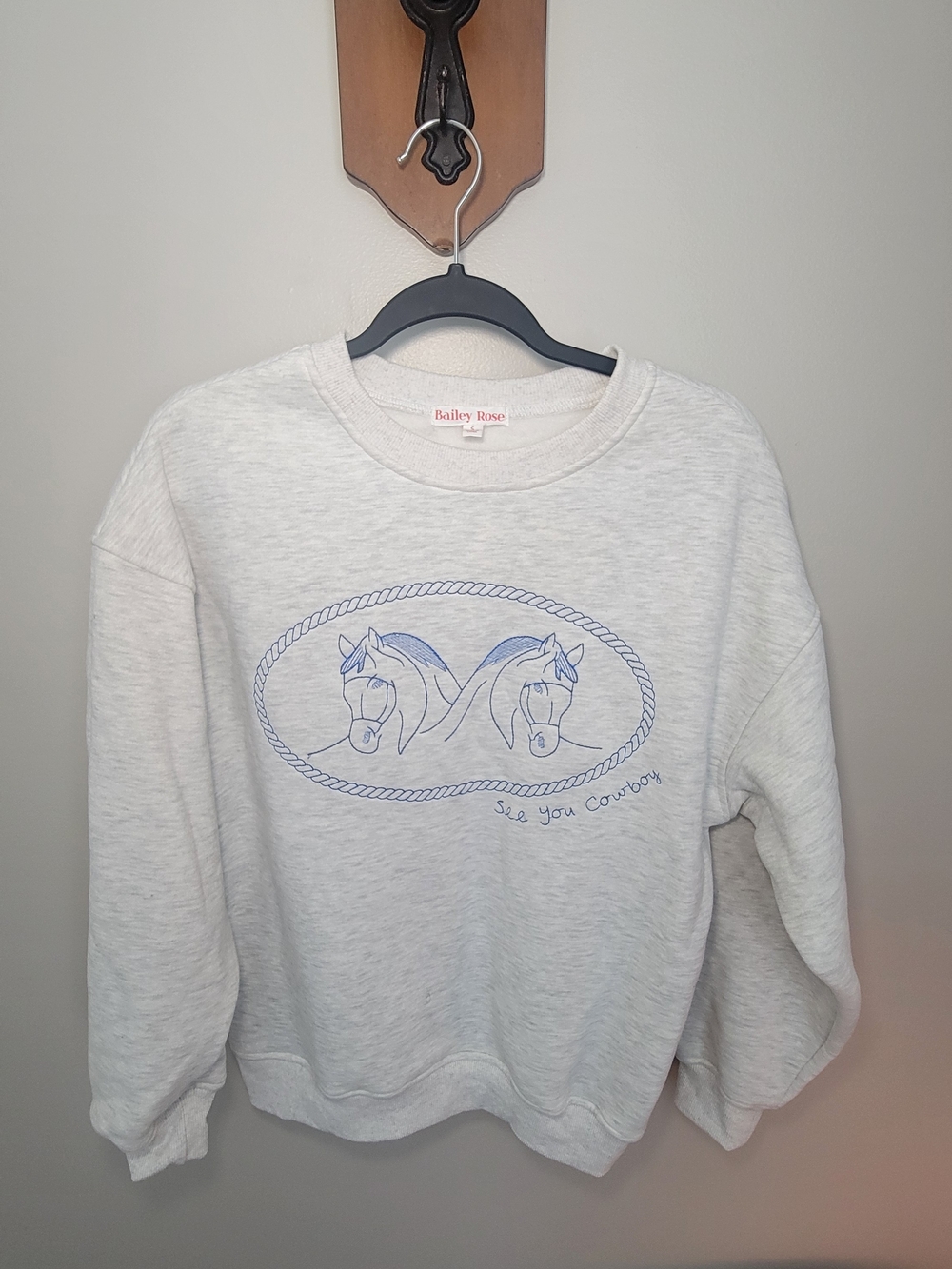 Bailey Rose Light Gray Crewneck Sweatshirt with Blue Horse Design Size S